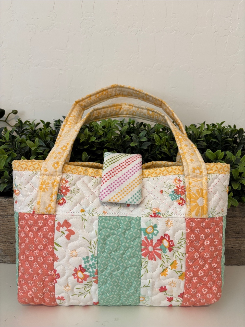 New Handmade Quilted Floral Patchwork Tote Bag in Yellow, Coral & Mint